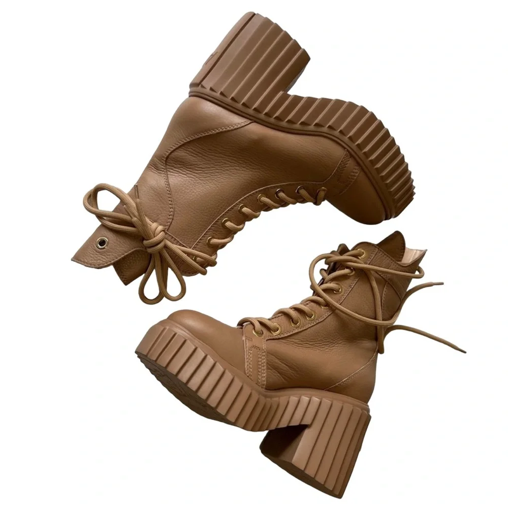 AGL Tania Leather Platform Combat Boots Camel Brown Lace Up Made Italy 7.5